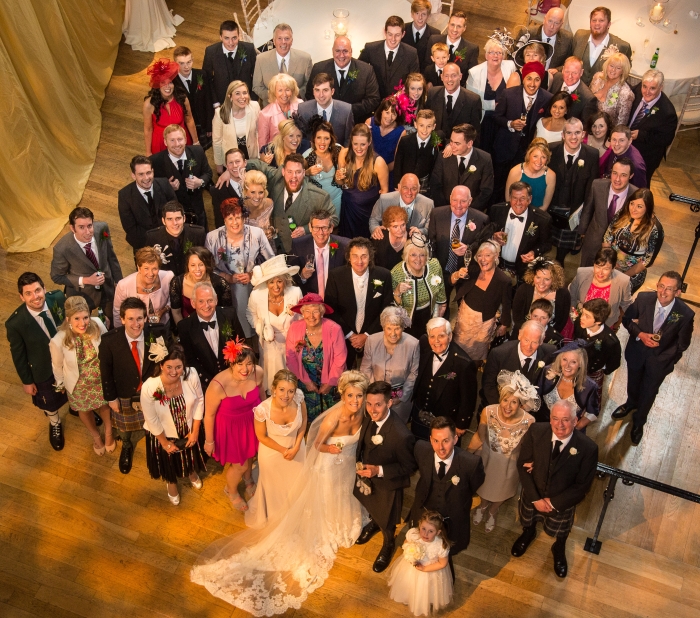 Elegant white spring wedding Edinburgh, group photo - photo credit ABM Photography 