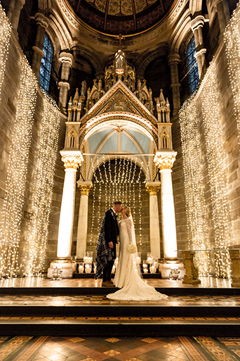 Fairy lights created a soft and romantic feel for this winter wedding. Photographer: Philip Stanley Dickson www.psdphotography.co.uk