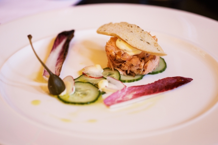 Decicious starter: Kiln smoked Hebridean salmon, pickled cucumber, herbed crème fraiche and sweet and spicy wasabi - photo credit Blue Sky Photography