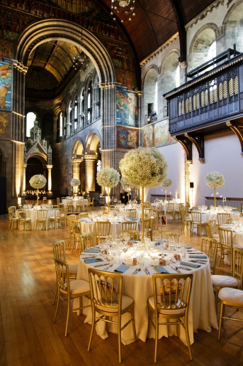 White and gold wedding theme with stunning centrepieces - clouds of gypsophila| Photo credit Blue Sky Photography 