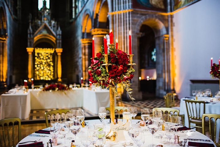 Red, gold and cream colour theme. Venue - Mansfield Traquair in Edinburgh 