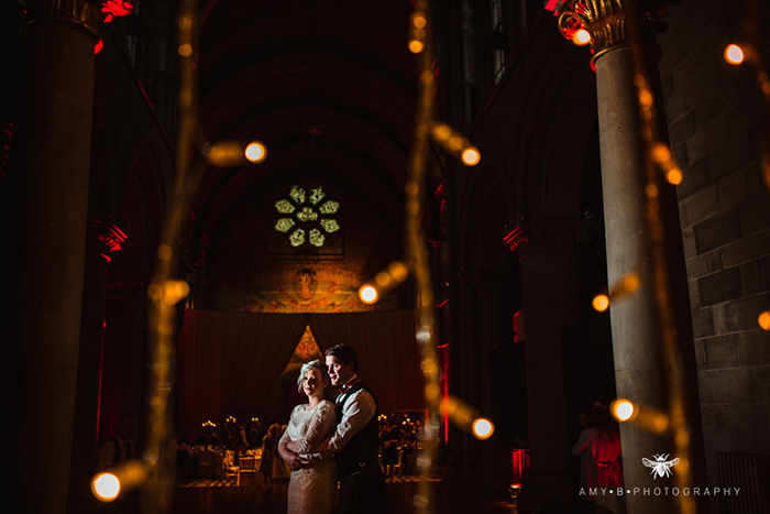 romantic picture of the wedding couple at their wedding reception 