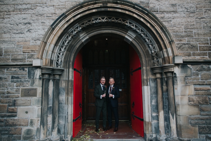 The happy newly wedded couple outside Mansfield Tranquair, Edinburgh