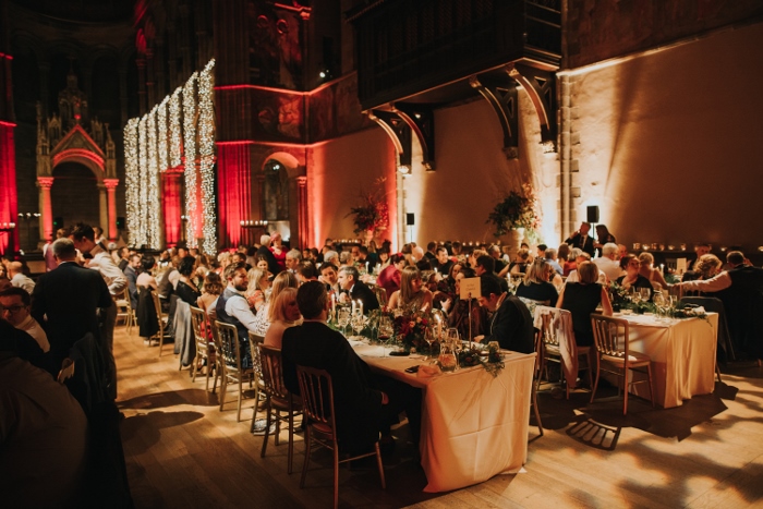 Stunning tables full of friends and family at a wedding in Mansfield Tranquair, Edinburgh